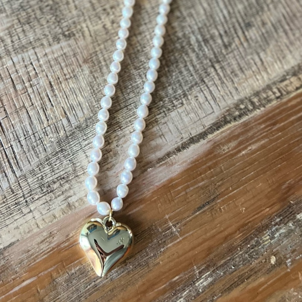 Pearl Necklace with Gold Heart Pendant - 18 Inch Length - Picture 1 of 4